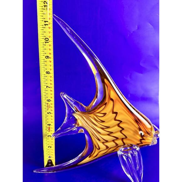 Murano Style Art Glass Sculpture Angel Fish 11” Tall Yellow Orange Tangerine - Picture 8 of 9